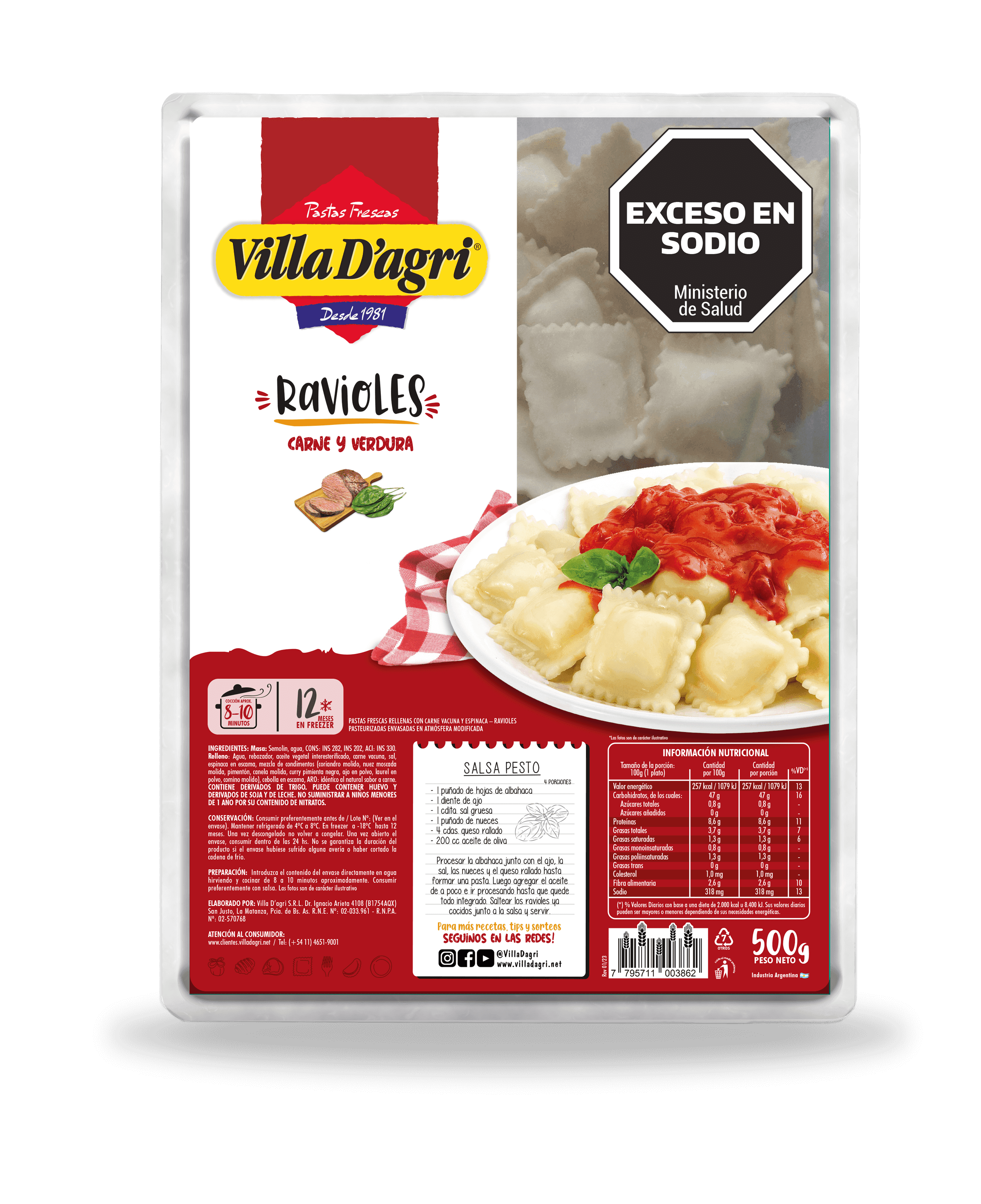 VILLA DAGRI Ravioles carne y verdura X 500G